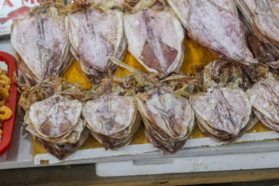 Closeup of deep fresh sun dried squid - traditional vietnamese cuisine in dam market, nha trang city