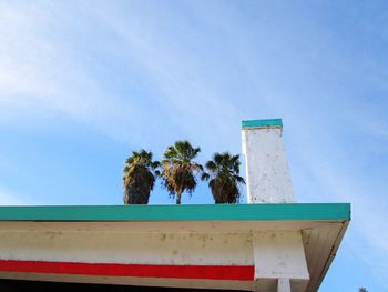 Low angle view of palm trees against blue sky