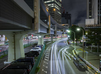 High angle view of city street at night