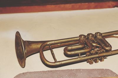 High angle view of trumpet on table