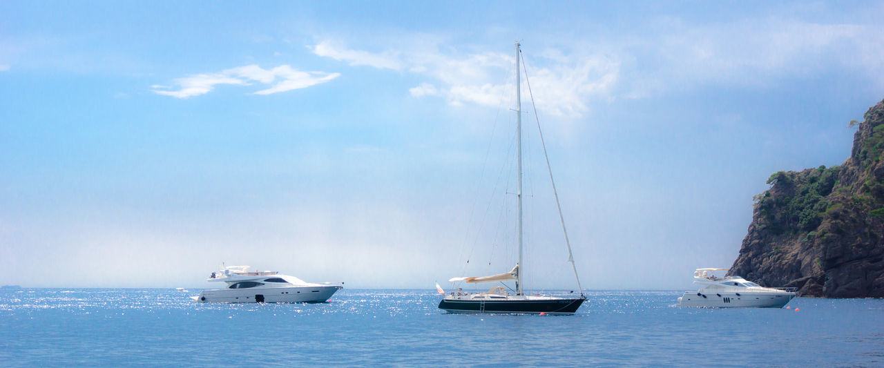 SAILBOAT SAILING IN SEA AGAINST SKY