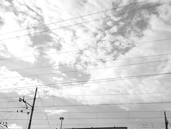 Low angle view of power lines against cloudy sky
