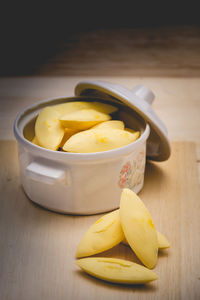 High angle view of fruits in bowl on table