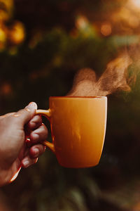 Close-up of hand holding coffee cup