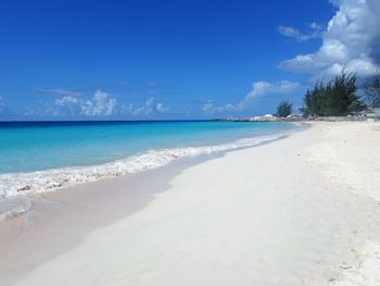 Scenic view of beach against blue sky