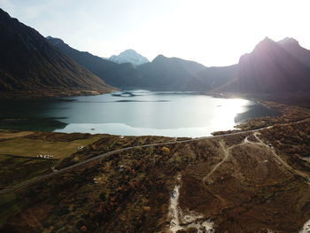 Scenic view of sea and mountains against sky