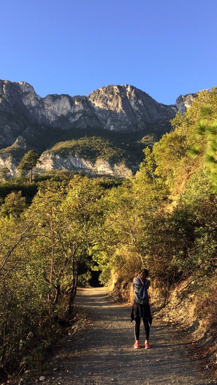 sunlight, full length, outdoors, road, one person, rear view, mountain, nature, beauty in nature, scenics, day, landscape, one woman only, real people, adults only, people, adult