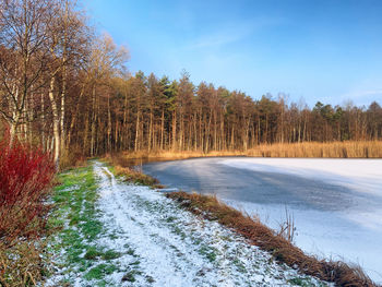 Scenic view of snow covered land against sky