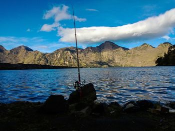 Scenic view of lake against cloudy sky