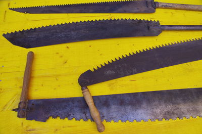 High angle view of work tools on table