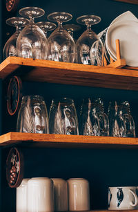 Close-up of wine bottles in rack
