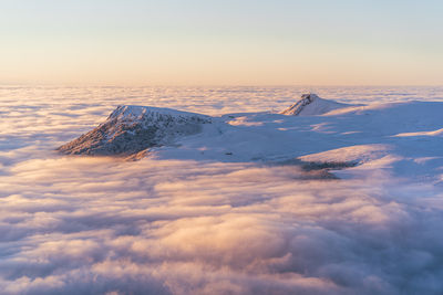 Scenic view of snowcapped mountains against sky during sunset