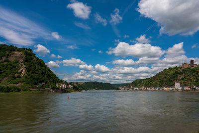 Panoramic view of loreley rocks and katz castle on the rhine in germany.