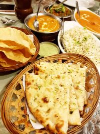 High angle view of food served on table