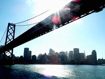 Low angle view of suspension bridge over river