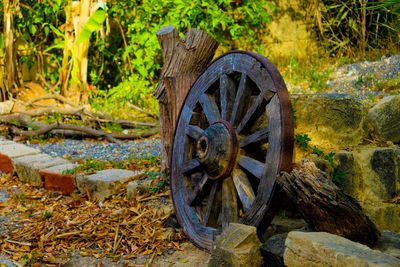 Close-up of old rusty bicycle wheel