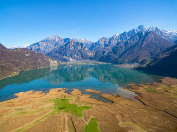 Scenic view of lake and mountains against clear blue sky