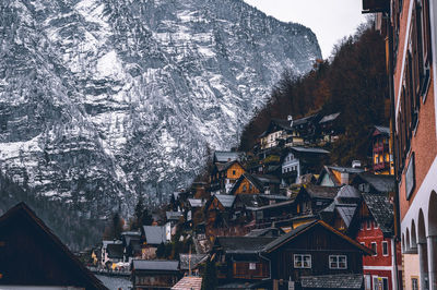 Aerial view of townscape and mountain in winter