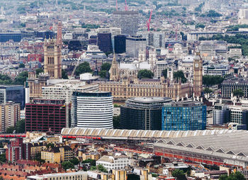 High angle view of city buildings