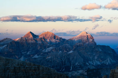 Scenic view of snowcapped mountains against sky during sunset