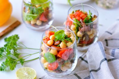 Close-up of fruit salad in glass on table