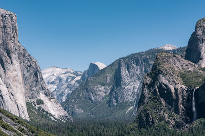 Panoramic view of mountains against clear blue sky