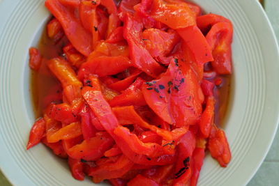 High angle view of chopped tomatoes in plate