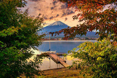 Scenic view of lake and mountains against sky