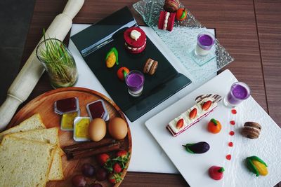 High angle view of various fruits on table