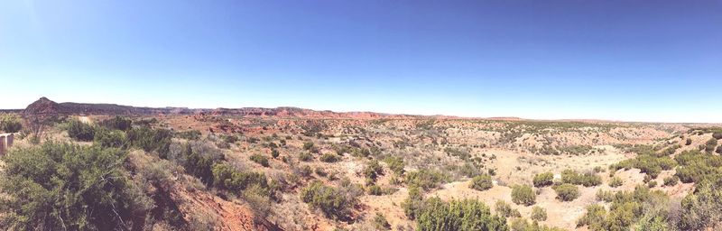 Panoramic view of landscape against clear blue sky