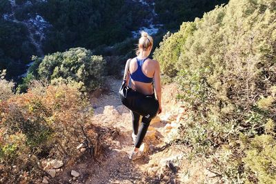 Full length rear view of young woman in forest