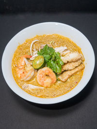 High angle view of meal served on table