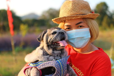 Portrait of dog wearing hat