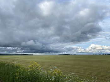 Scenic view of field against cloudy sky