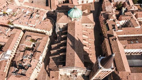 High angle view of staircase amidst buildings in city