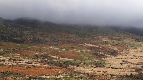 Scenic view of landscape against sky during foggy weather