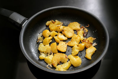 High angle view of food in cooking pan