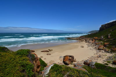 Scenic view of beach against clear blue sky