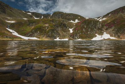 Scenic view of lake by mountains against sky