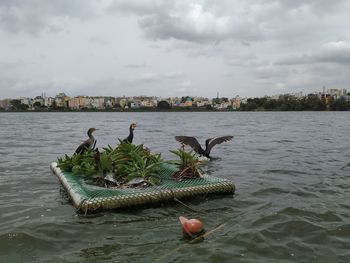 Scenic view of river against sky in city