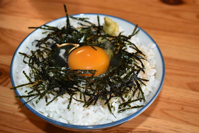 High angle view of food in bowl on table