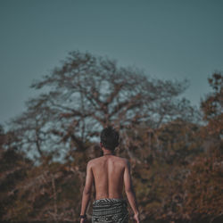 Rear view of shirtless man standing against sky