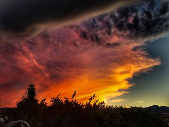 Low angle view of silhouette trees against dramatic sky