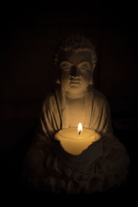 Close-up of lit candle against black background