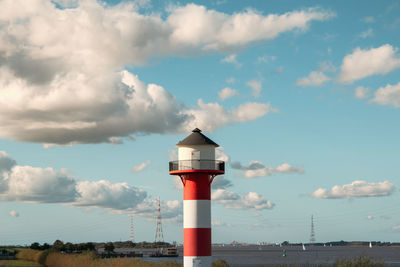 Lighthouse by sea against sky