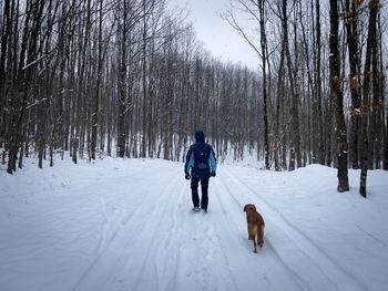 Rear view of man walking on snow covered landscape