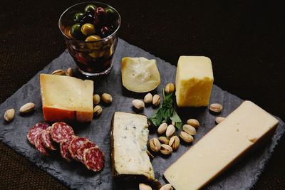 High angle view of food served on cutting board