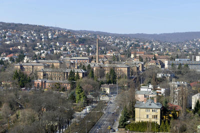 High angle shot of townscape against sky