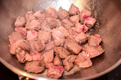 High angle view of chopped meat in container