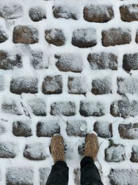 Low section of person standing on snow covered landscape